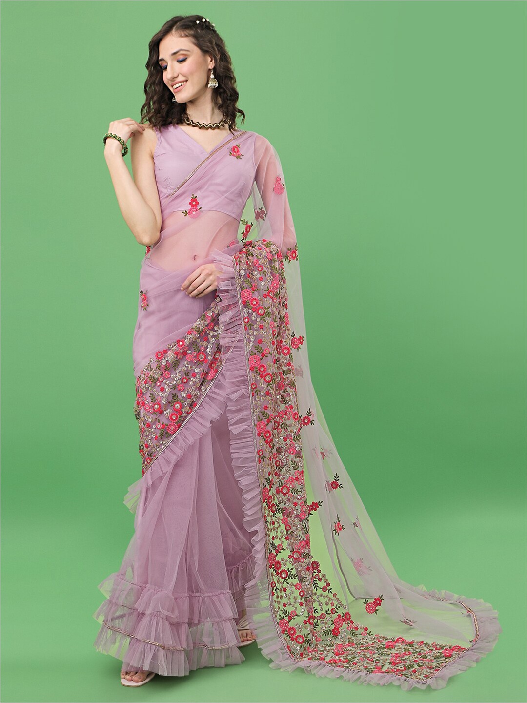 

Sangria Purple & Red Floral Sequinned Ruffled Net Saree