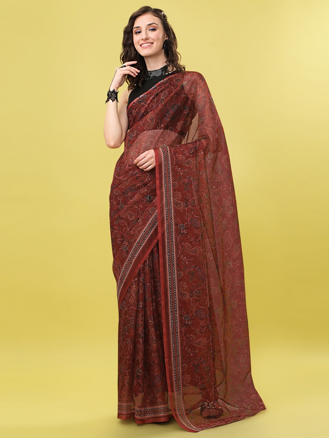 

Sangria Maroon & Blue Paisley Digital Printed Organza Saree