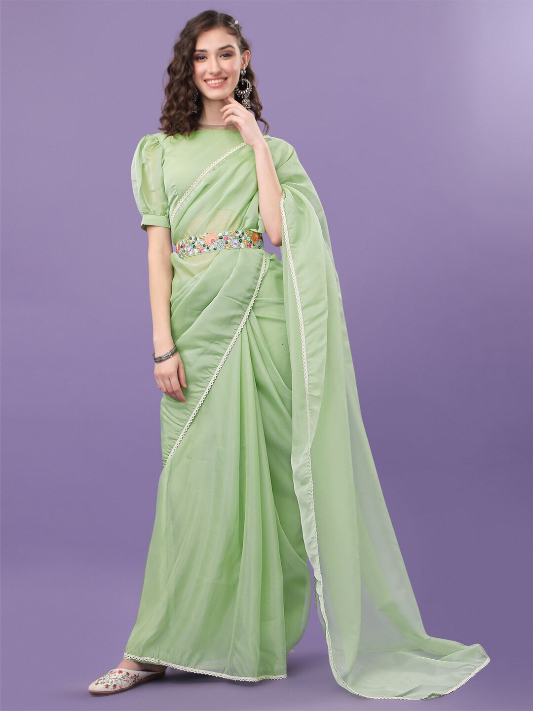 

Sangria Green & Peach-Coloured Embroidered Belted Organza Saree