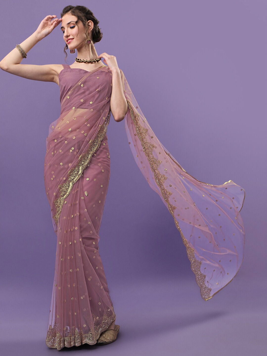 

Sangria Mauve & Gold-Toned Floral Sequinned Embroidered Pastel Net Saree