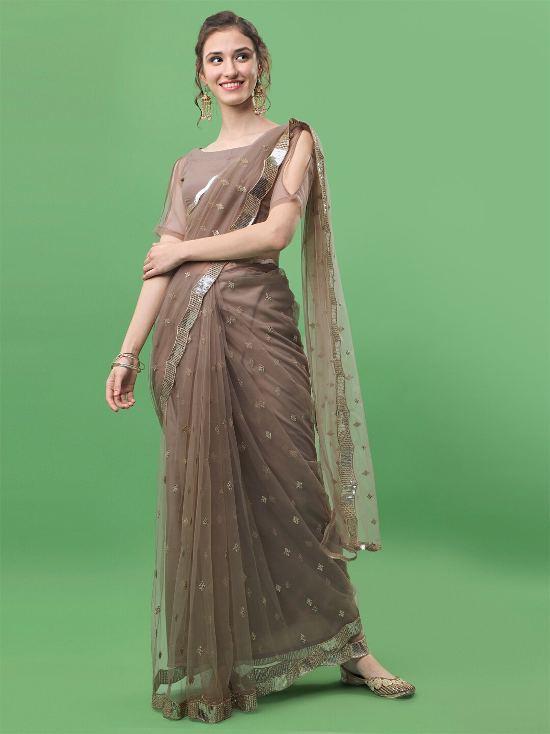 

Sangria Taupe Embellished Sequinned Net Saree