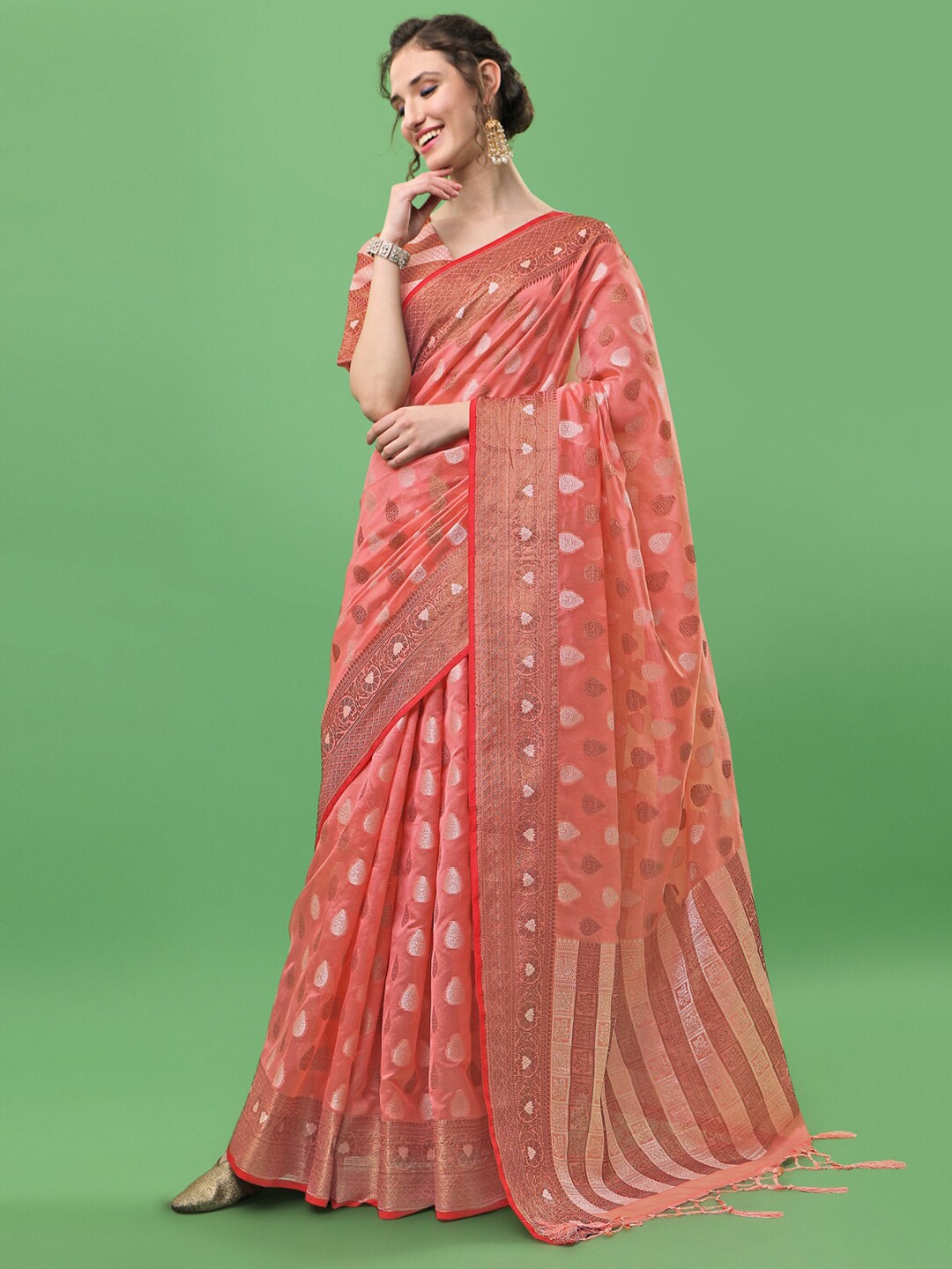

Sangria Pink & Gold-Toned Ethnic Motifs Zari Organza Saree