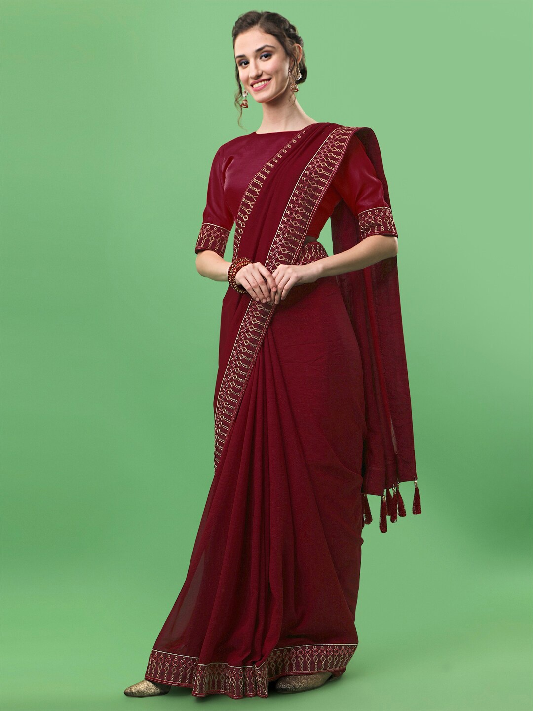 

Sangria Maroon & Gold-Toned Zari Silk Blend Saree