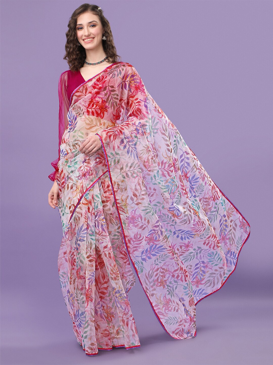 

Sangria Pink & Blue Floral Organza Saree