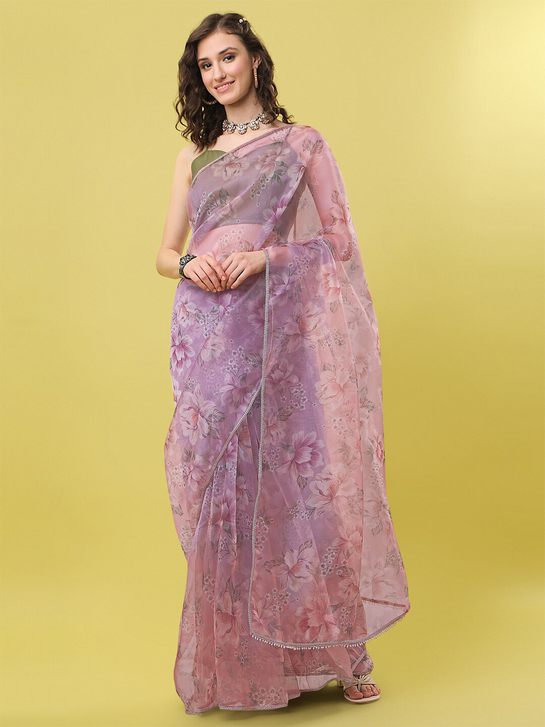 

Sangria Pink & Grey Floral Digital Print Organza Saree