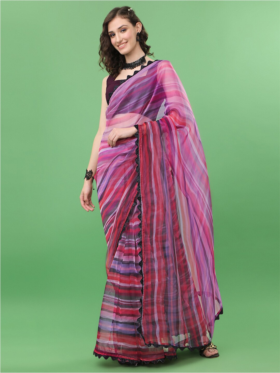 

Sangria Pink & Purple Striped Organza Saree