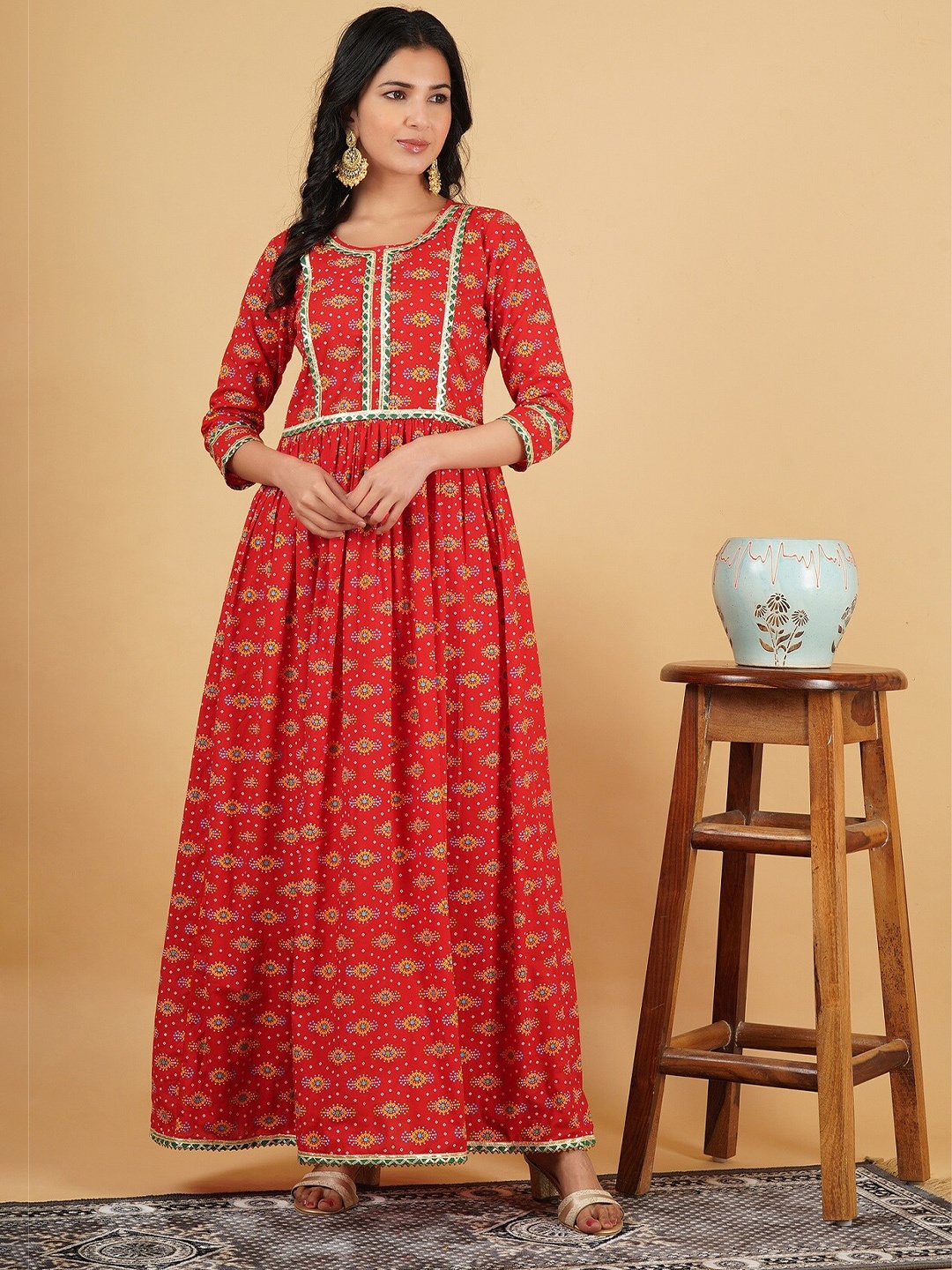 

God Bless Red Floral Printed Cotton Ethnic Maxi Dress