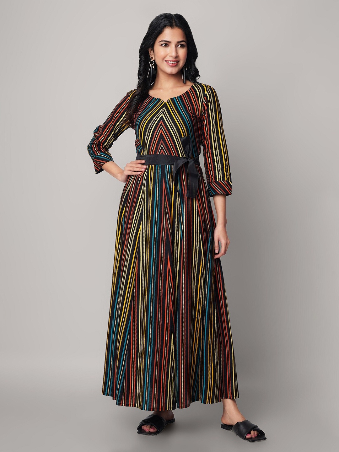

God Bless Black & Orange Striped Ethnic Rayon Maxi Dress