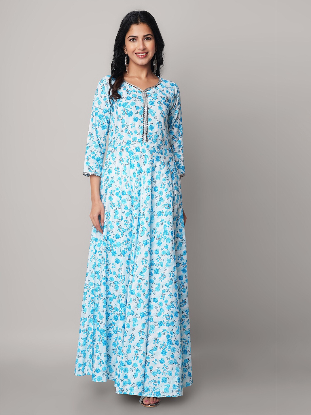 

God Bless Turquoise Blue Floral Rayon Ethnic Maxi Dress