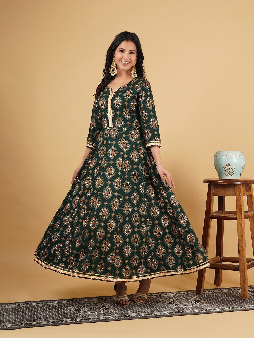 

God Bless Green Ethnic Motifs Ethnic Rayon Maxi Ethnic Dress