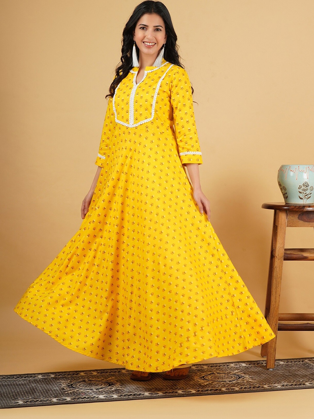 

God Bless Yellow Floral Printed Ethnic Rayon Maxi Dress With Lace Details