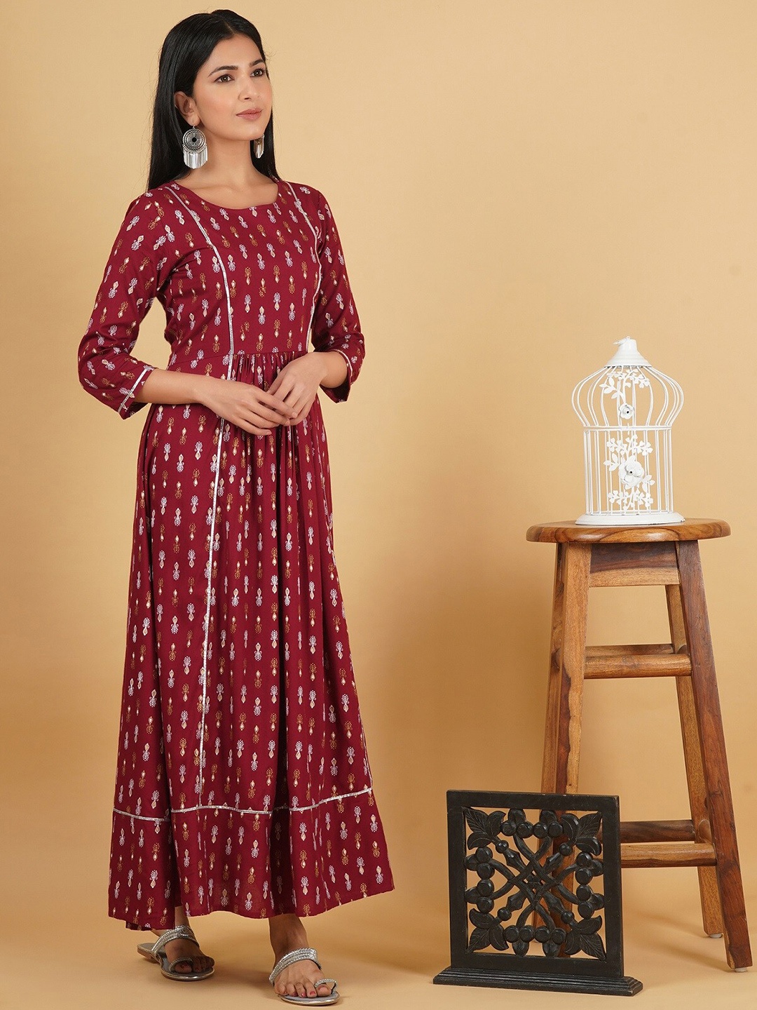 

God Bless Maroon Ethnic Motifs Ethnic Printed Rayon Maxi Dress