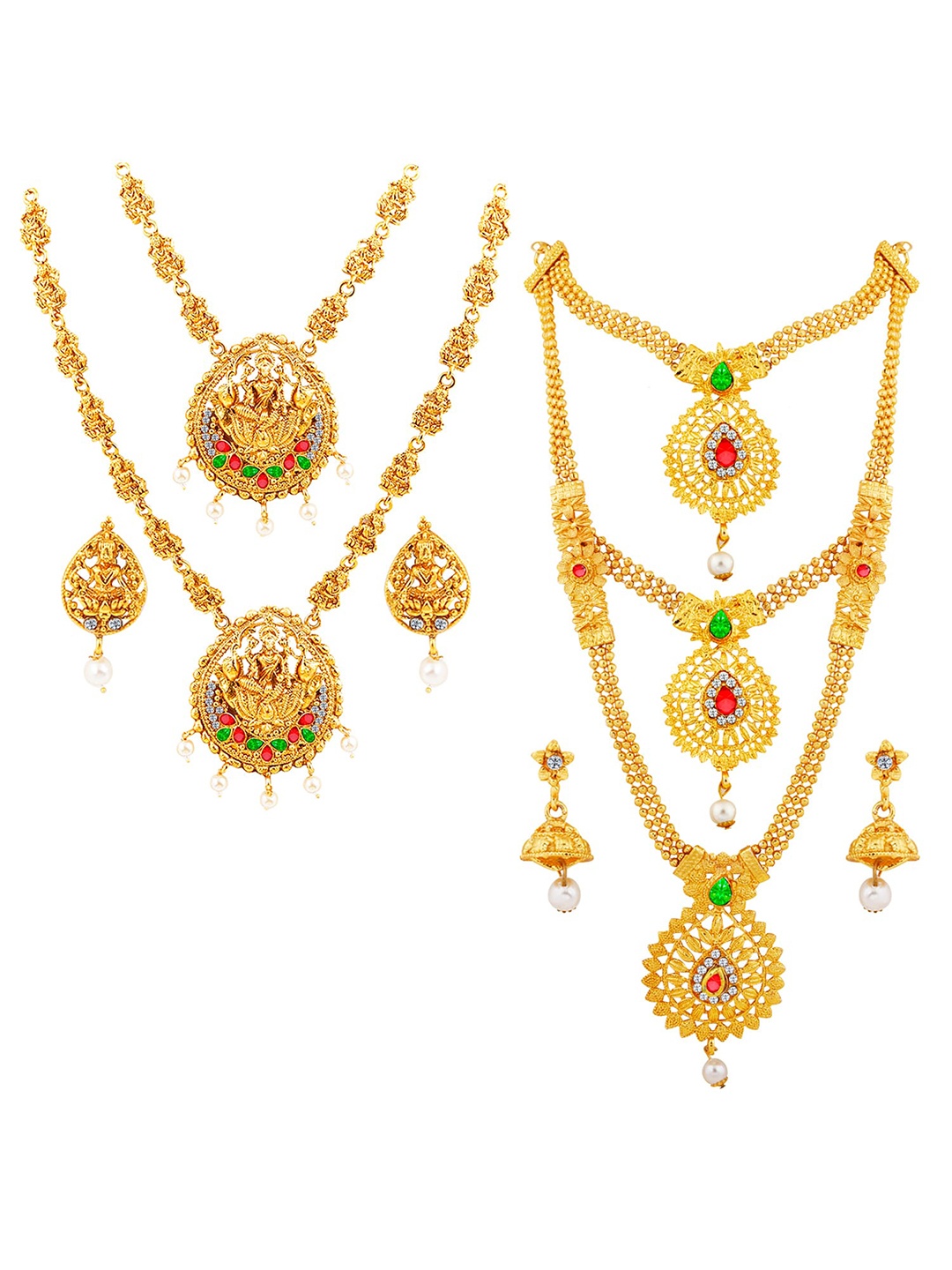 

Silver Shine Gold-Plated White & Red AD Studded & Beaded Combo Jewellery Set