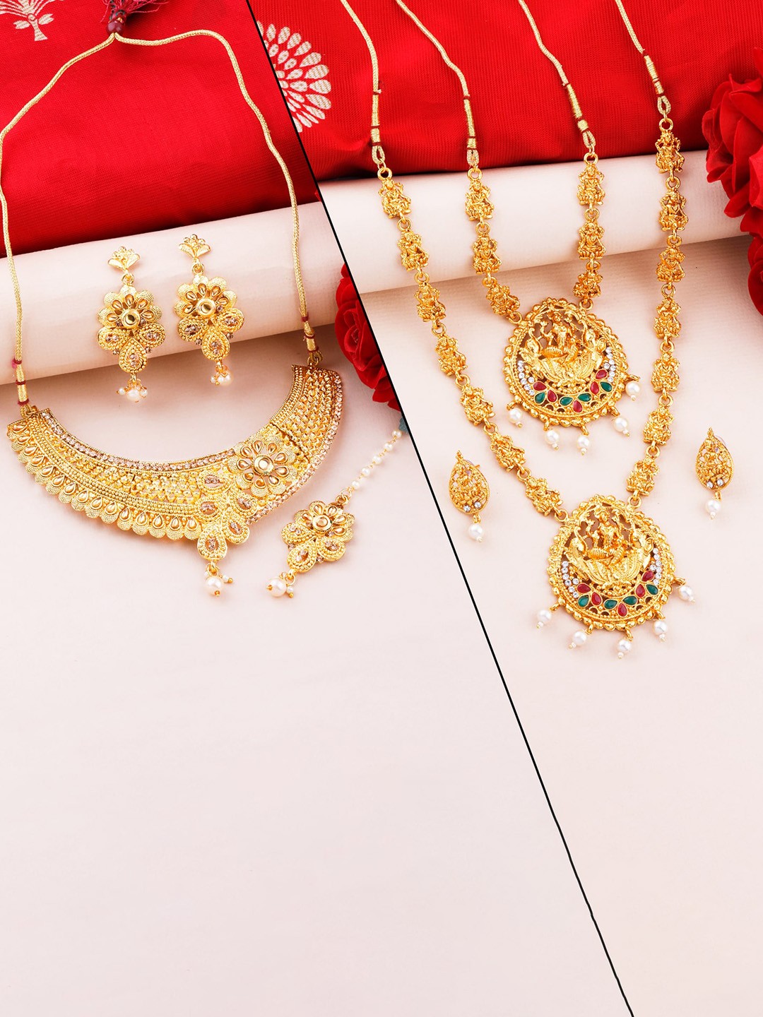

Silver Shine Set Of 3 Gold-Plated White & Red AD Stone-Studded Jewellery Set