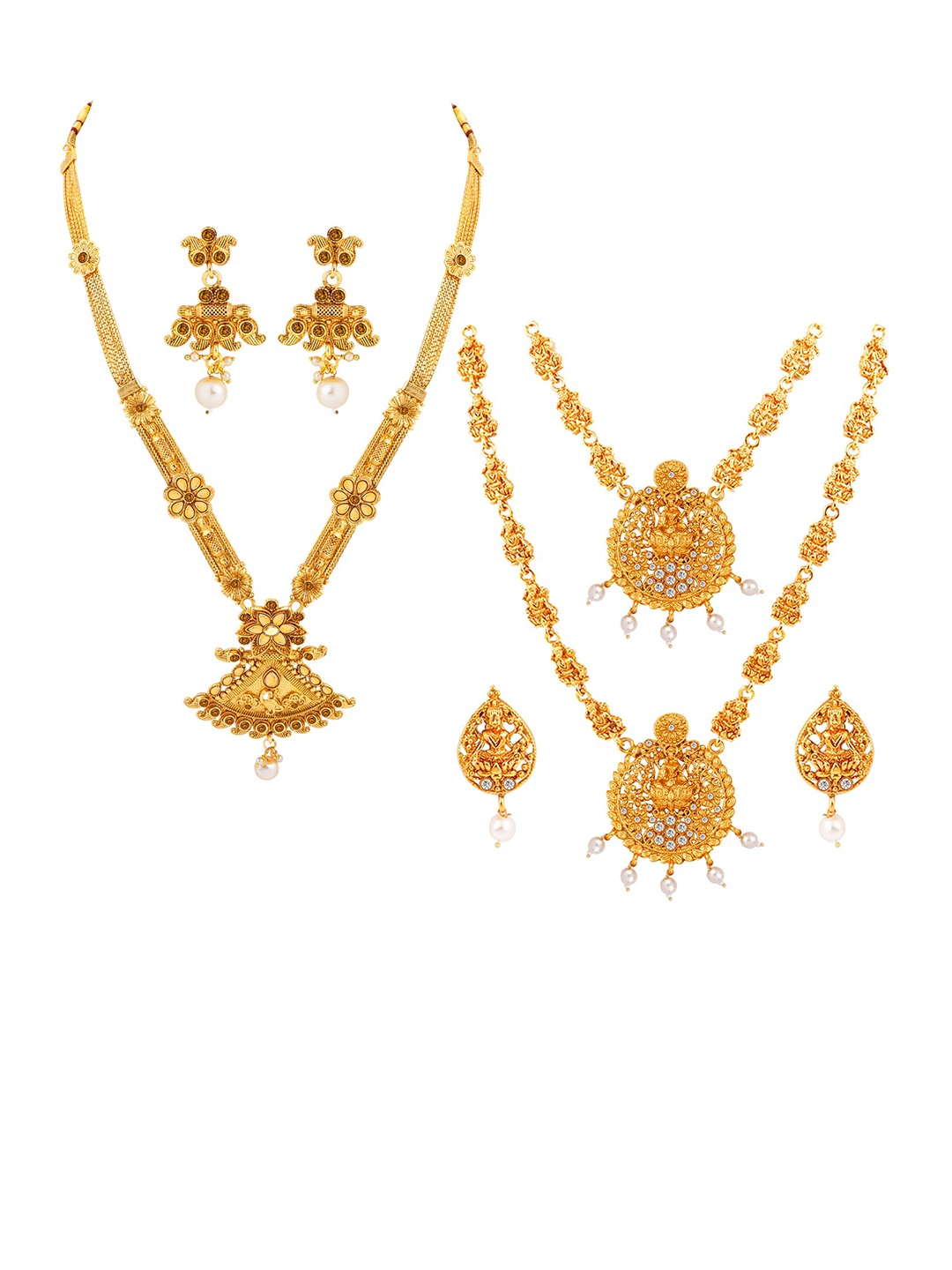 

Silver Shine Set Of 2 Gold-Plated White AD Studded & Beaded Temple Jewellery Set