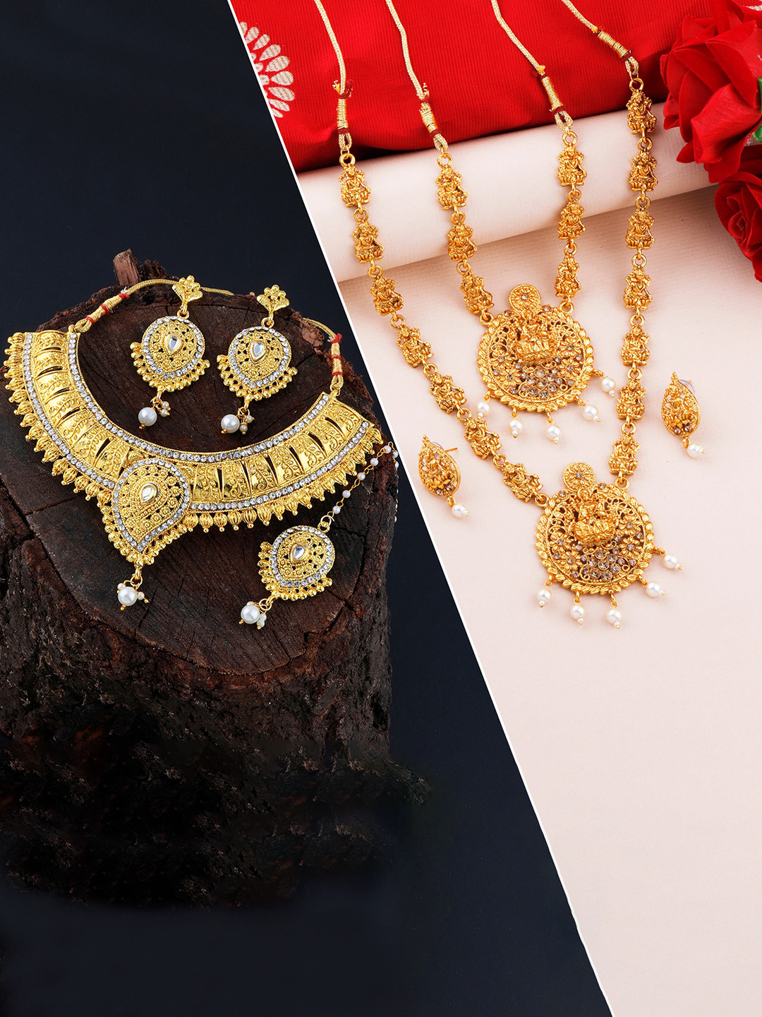 

Silver Shine Set of 3 Gold-Toned & Plated Red Stone Studded Jewellery Set