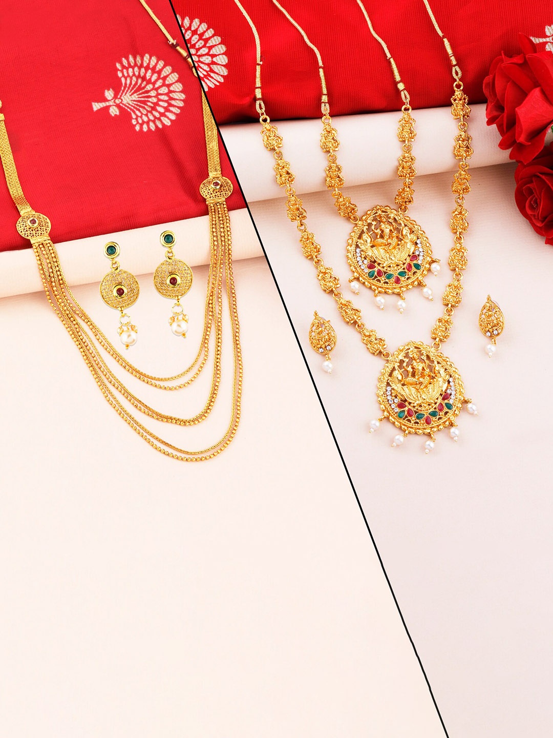

Silver Shine Gold-Plated Red & Green AD Studded Jewellery Set