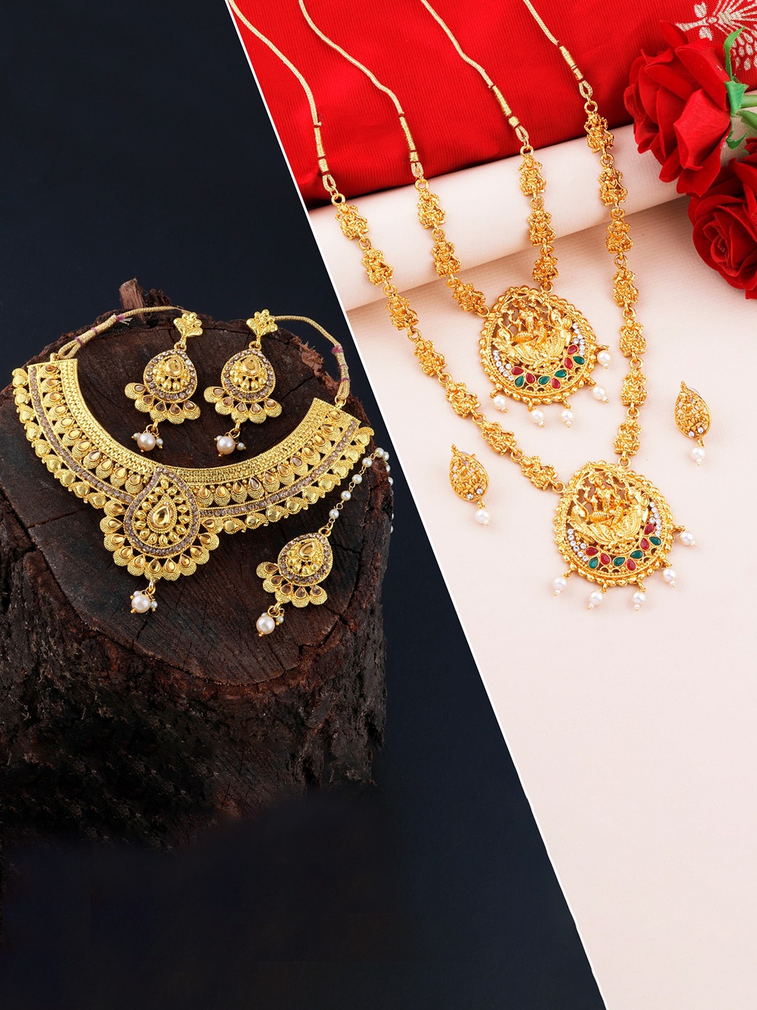 

Silver Shine Gold-Plated White AD Studded & Beaded Choker Jewellery Set