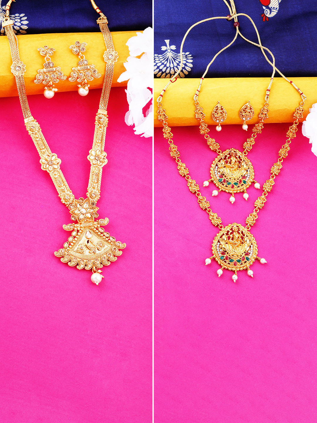 

Silver Shine Gold-Plated Red & Green AD-Studded & Beaded Jewellery Set