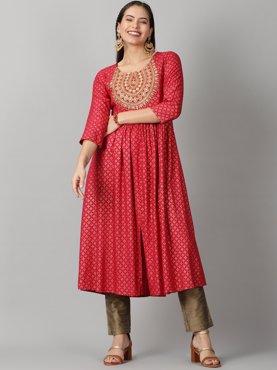 

Saffron Threads Women Maroon Ethnic Foil Print Zari Neck Empire Design Kurta