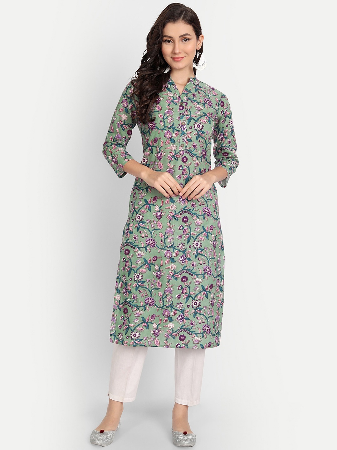 

Haute and Humble Women Green Floral Print Cotton Straight Kurta