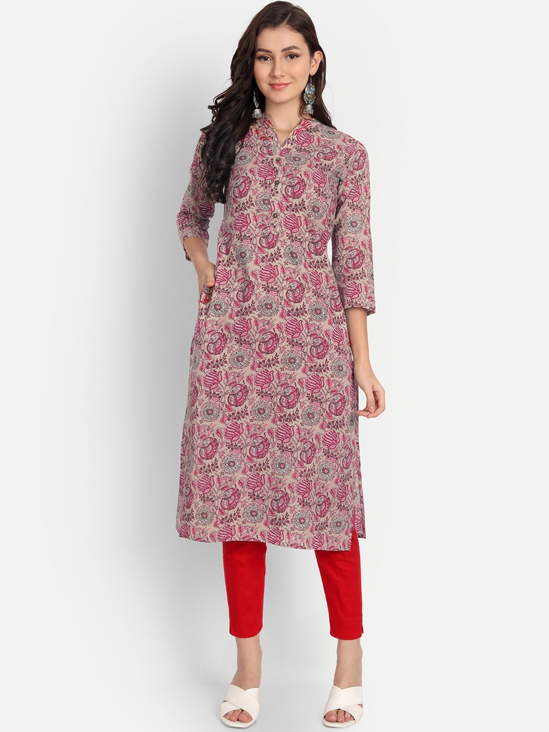 

Haute and Humble Women Beige And Red Floral Print Cotton Straight Kurta