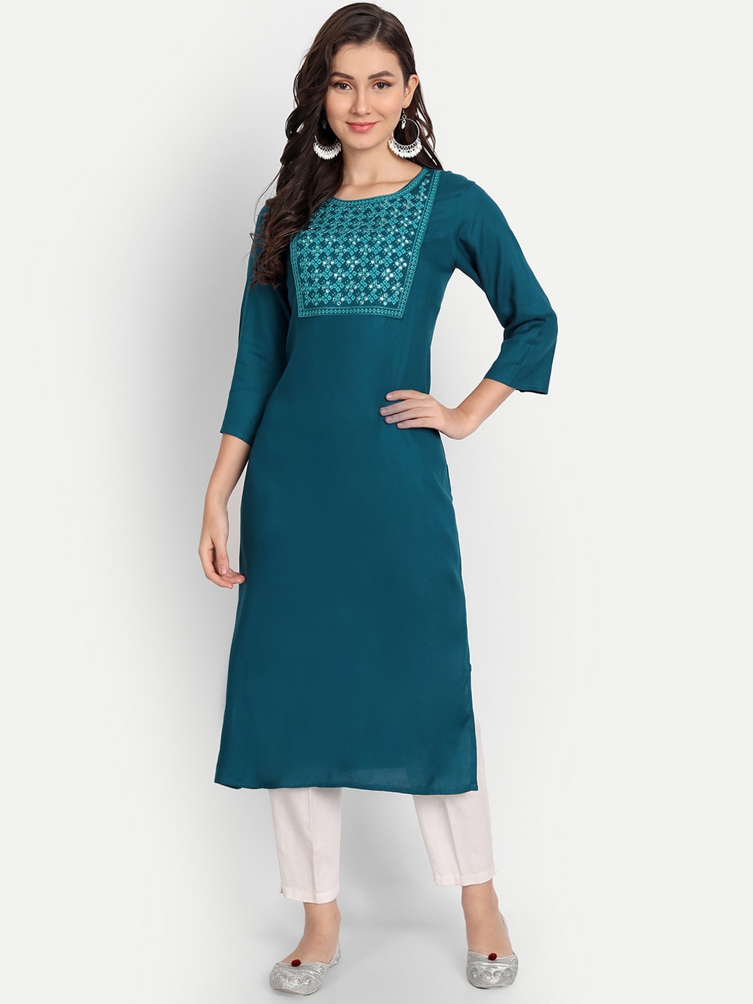 

Haute and Humble Women Teal Embroidered And Mirror Work Yoke Design Kurta