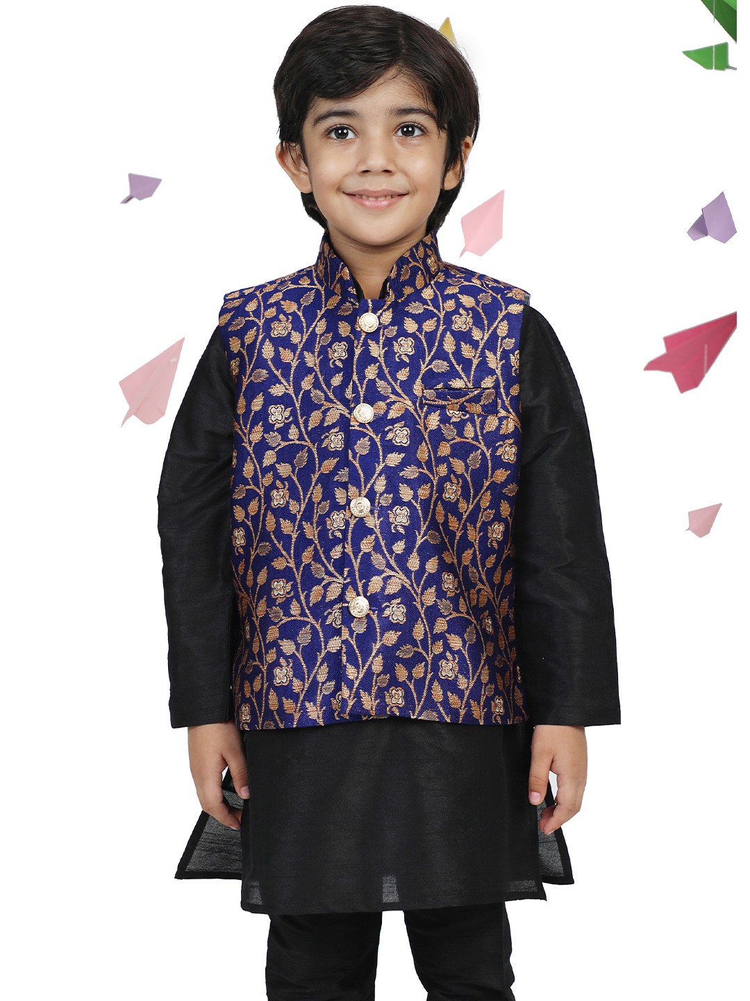 

AJ Dezines Boys Navy Blue & Gold -Toned Woven Design Jacquard Nehru Jacket