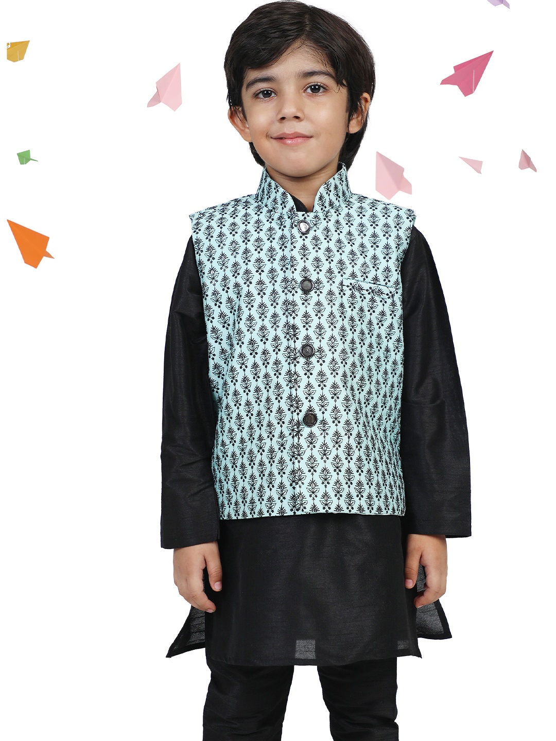 

AJ Dezines Boys Sea Green & Black Embroidered Nehru Jacket