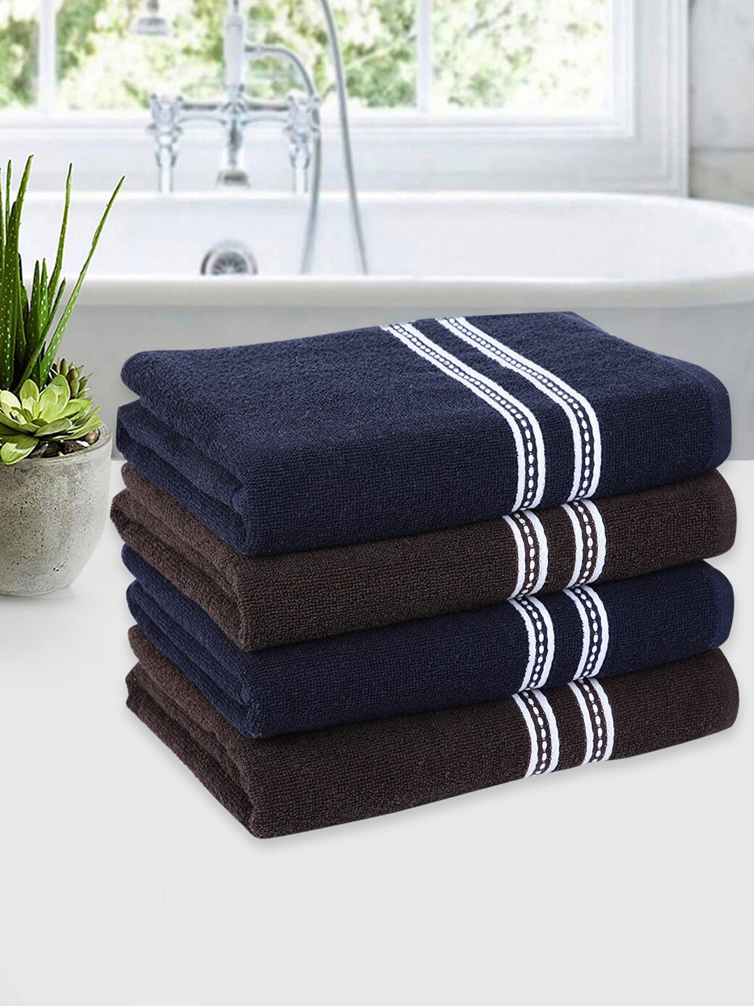 

ROMEE Set Of 4 Coffee Brown & Navy Blue Solid 500 GSM Cotton Bath Towels