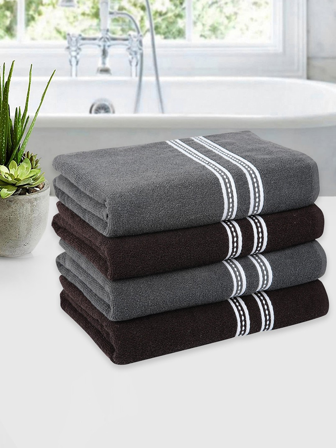 

ROMEE Set Of 4 Coffee Brown & Grey Solid 500 GSM Cotton Bath Towels