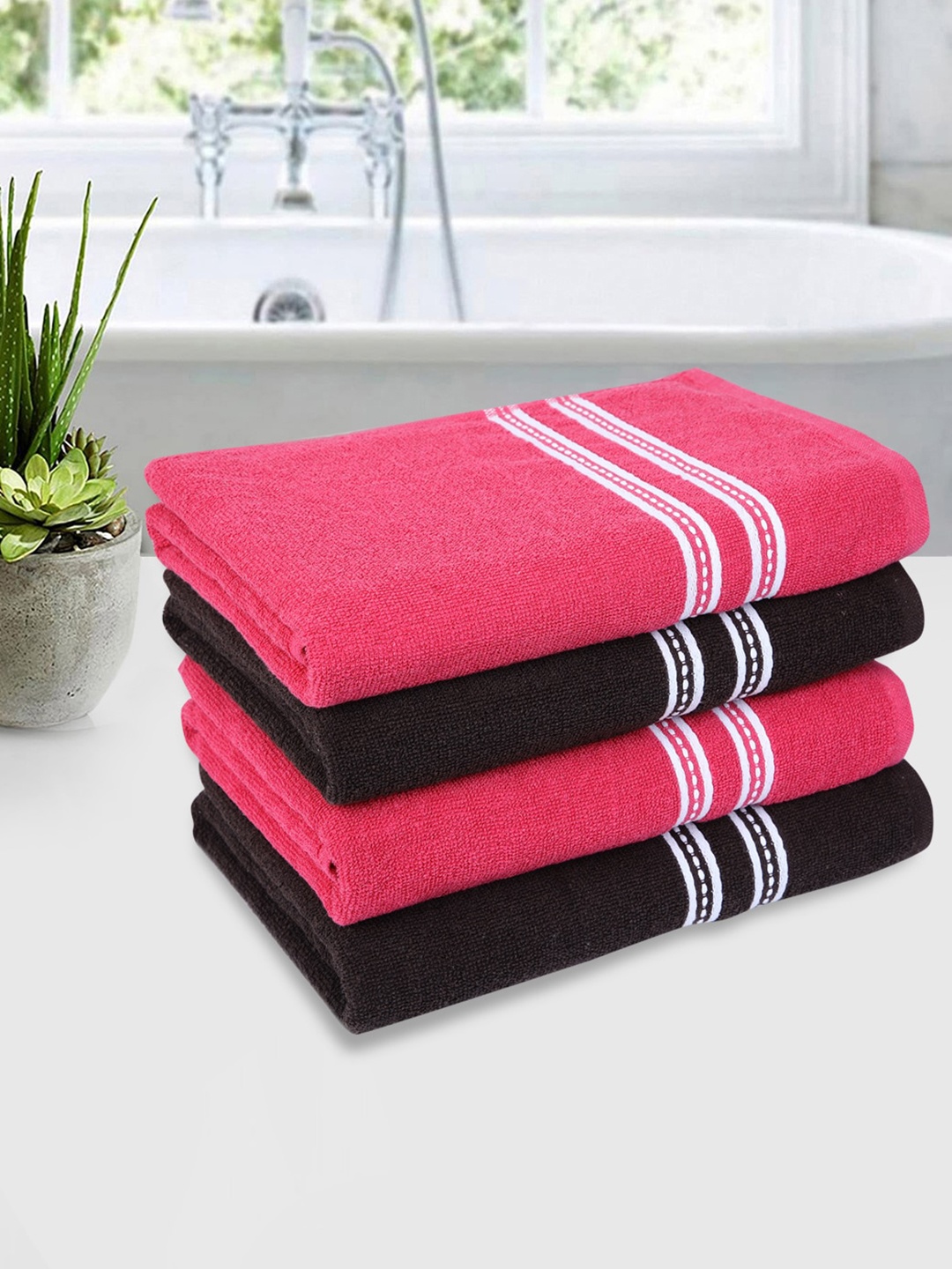 

ROMEE Set Of 4 Pink & Coffee Brown Solid 500 GSM Cotton Bath Towels