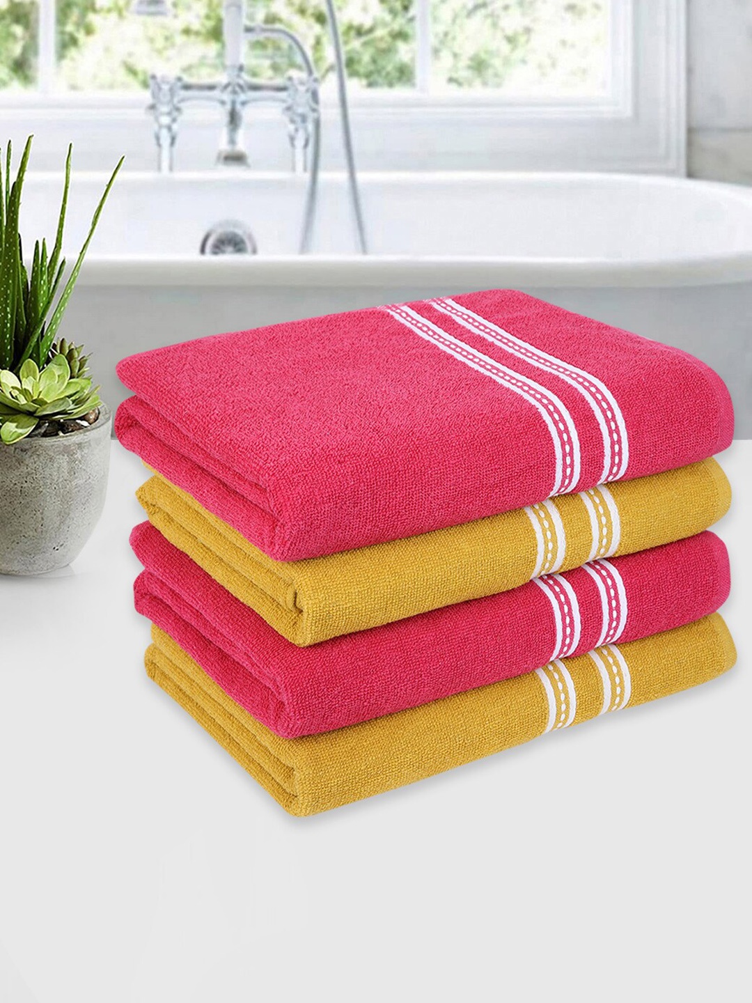

ROMEE Pack Of 4 Pink & Yellow Solid 500 GSM Cotton Bath Towels
