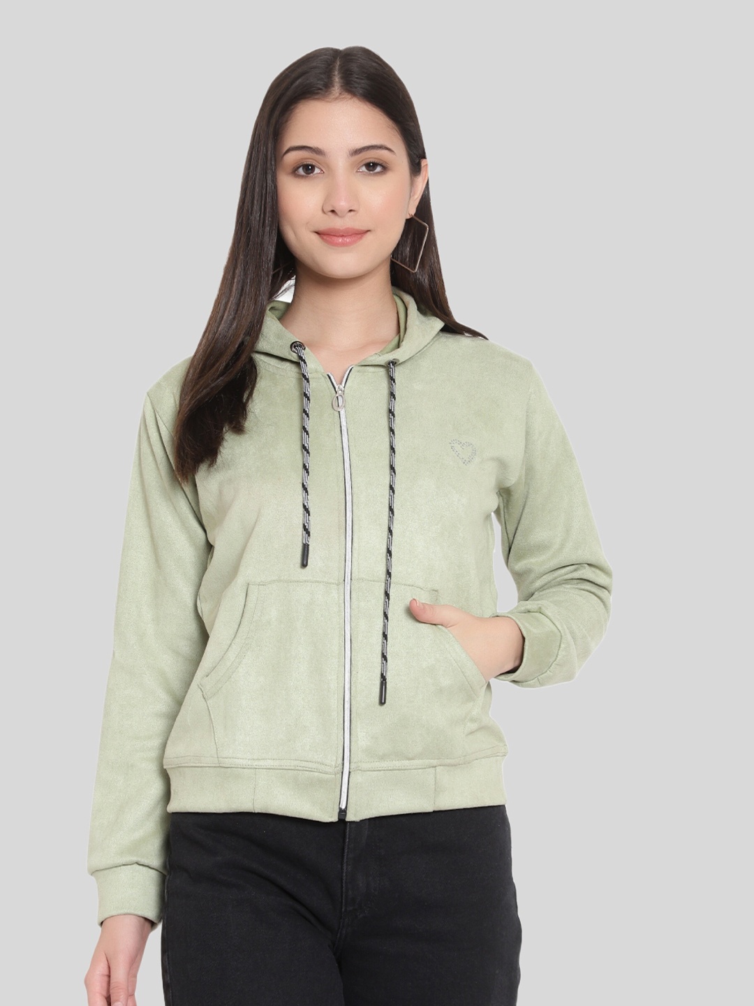 FNOCKS Women Green Solid Hooded Sweatshirts