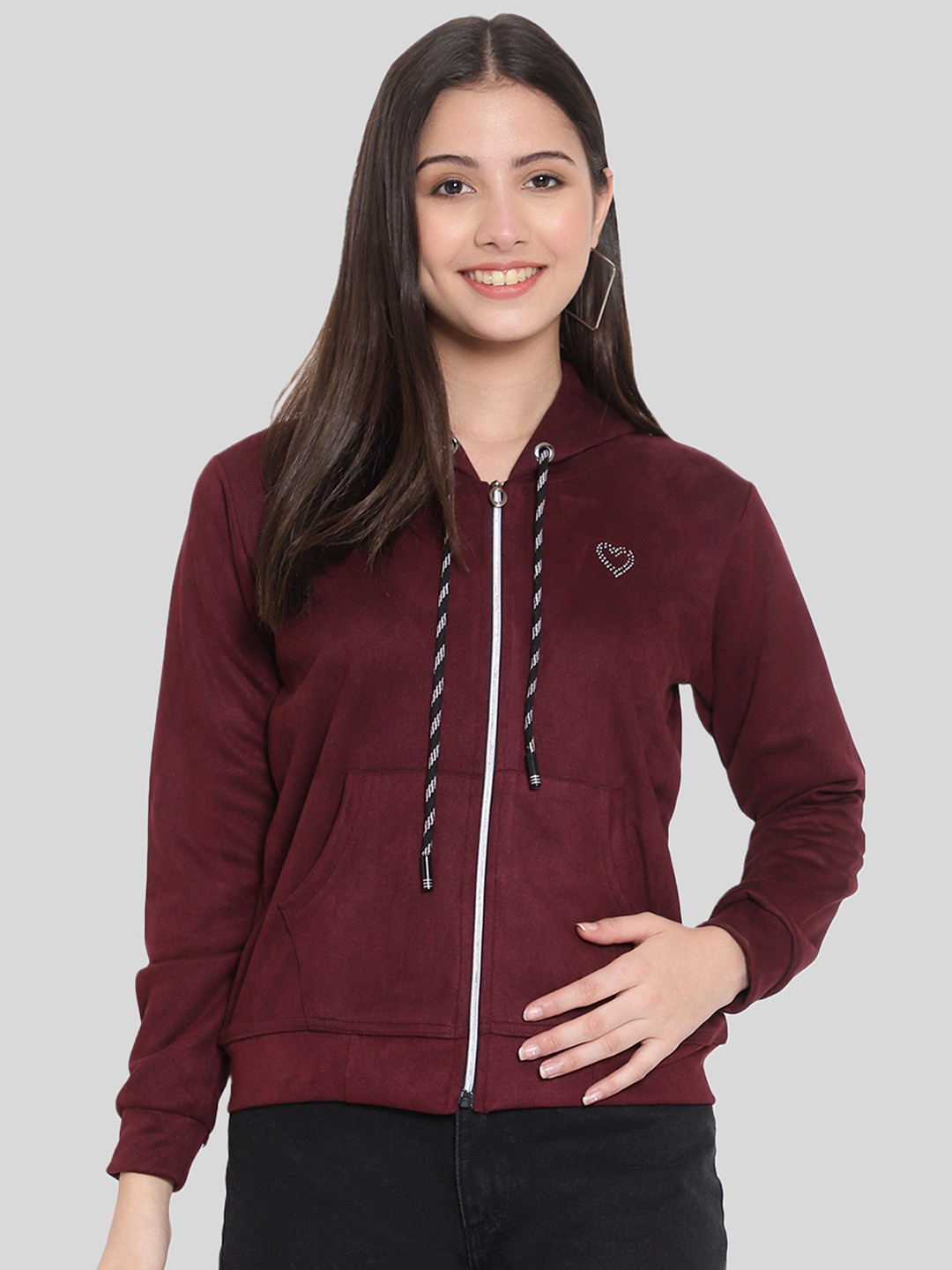 

FNOCKS Women Maroon Solid Hooded Sweatshirt