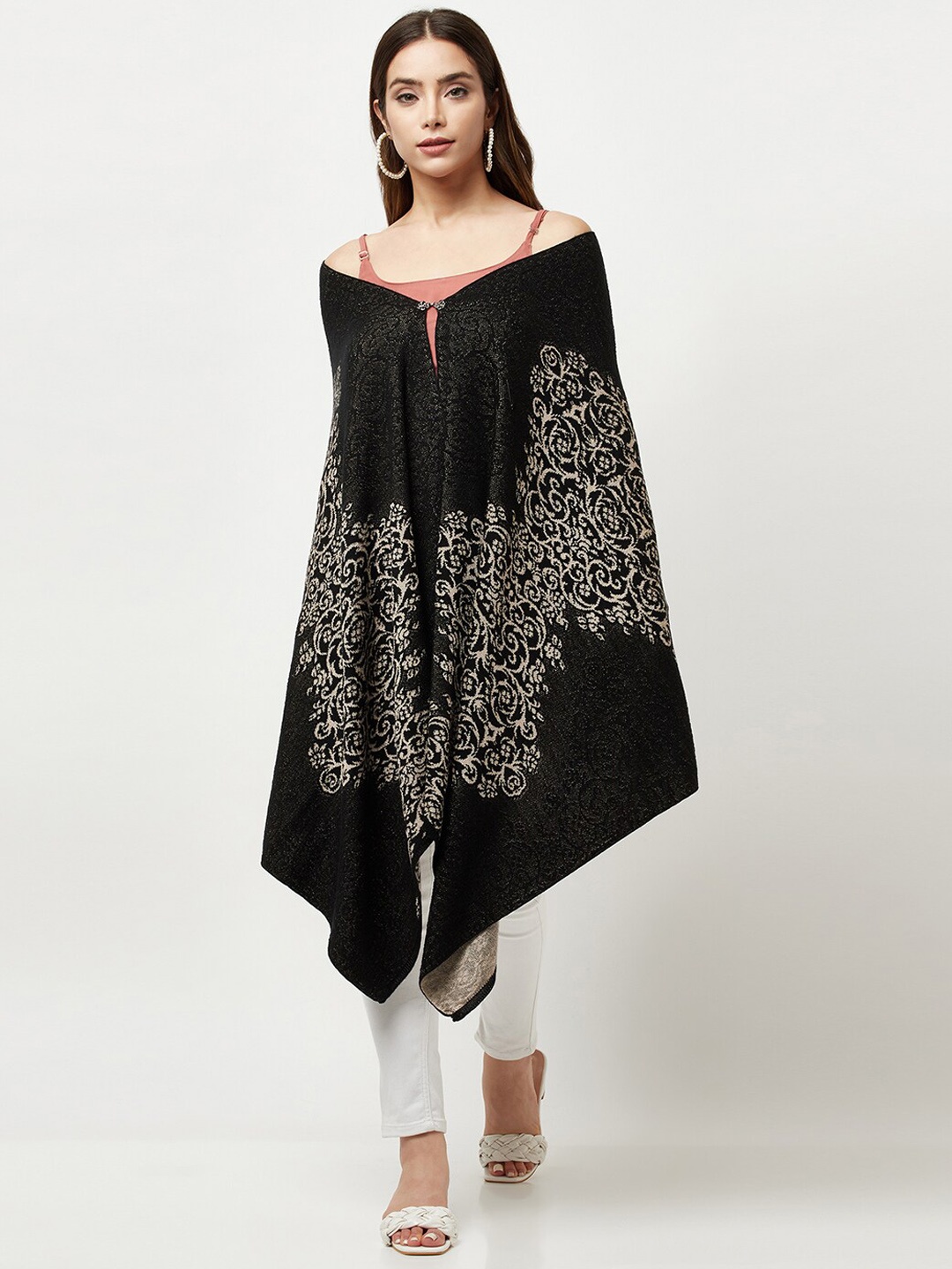 

Knitstudio Women Black Floral Knitted Shawl