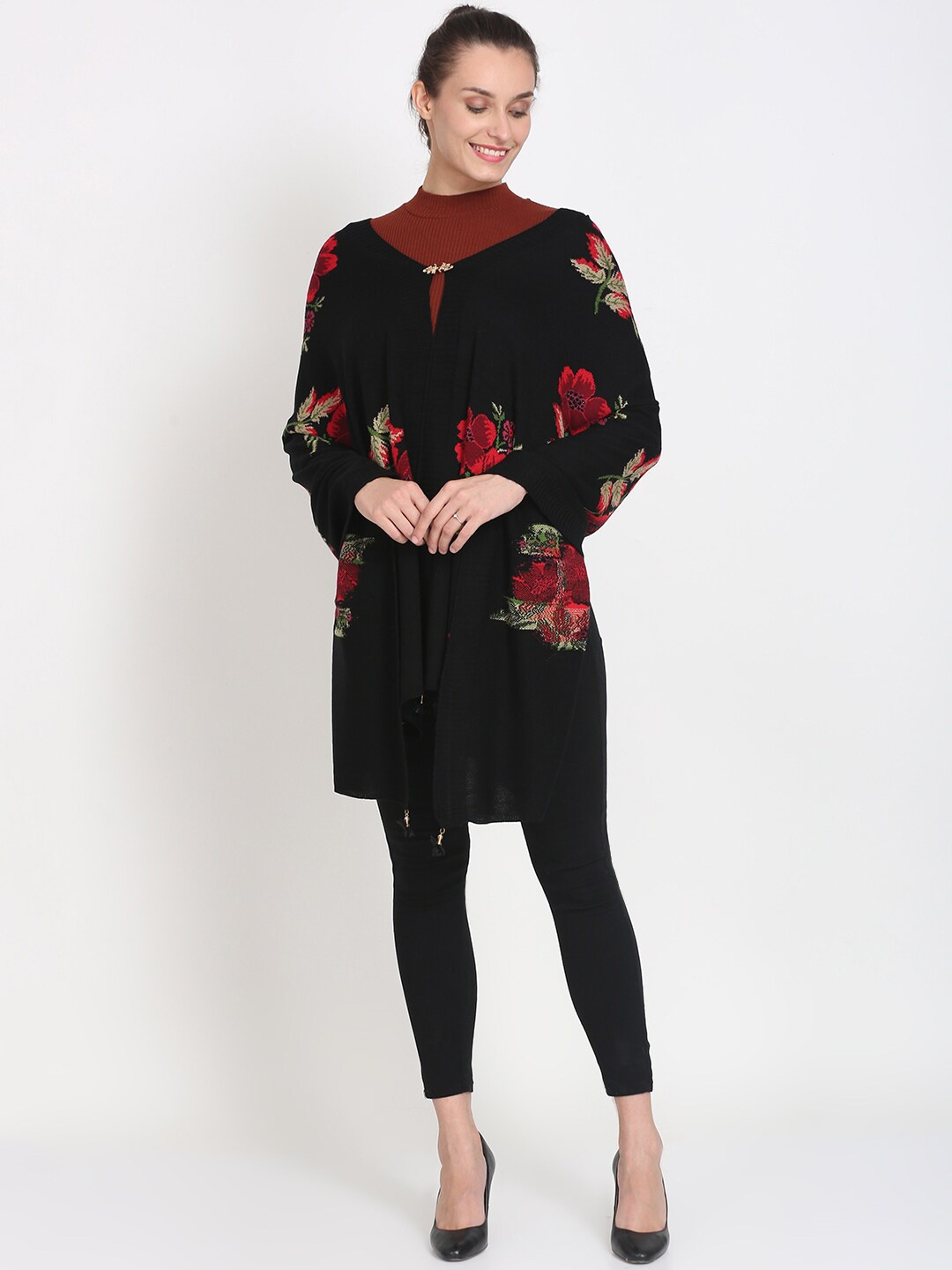 

Knitstudio Women Black & Red Floral Knitted Shawl
