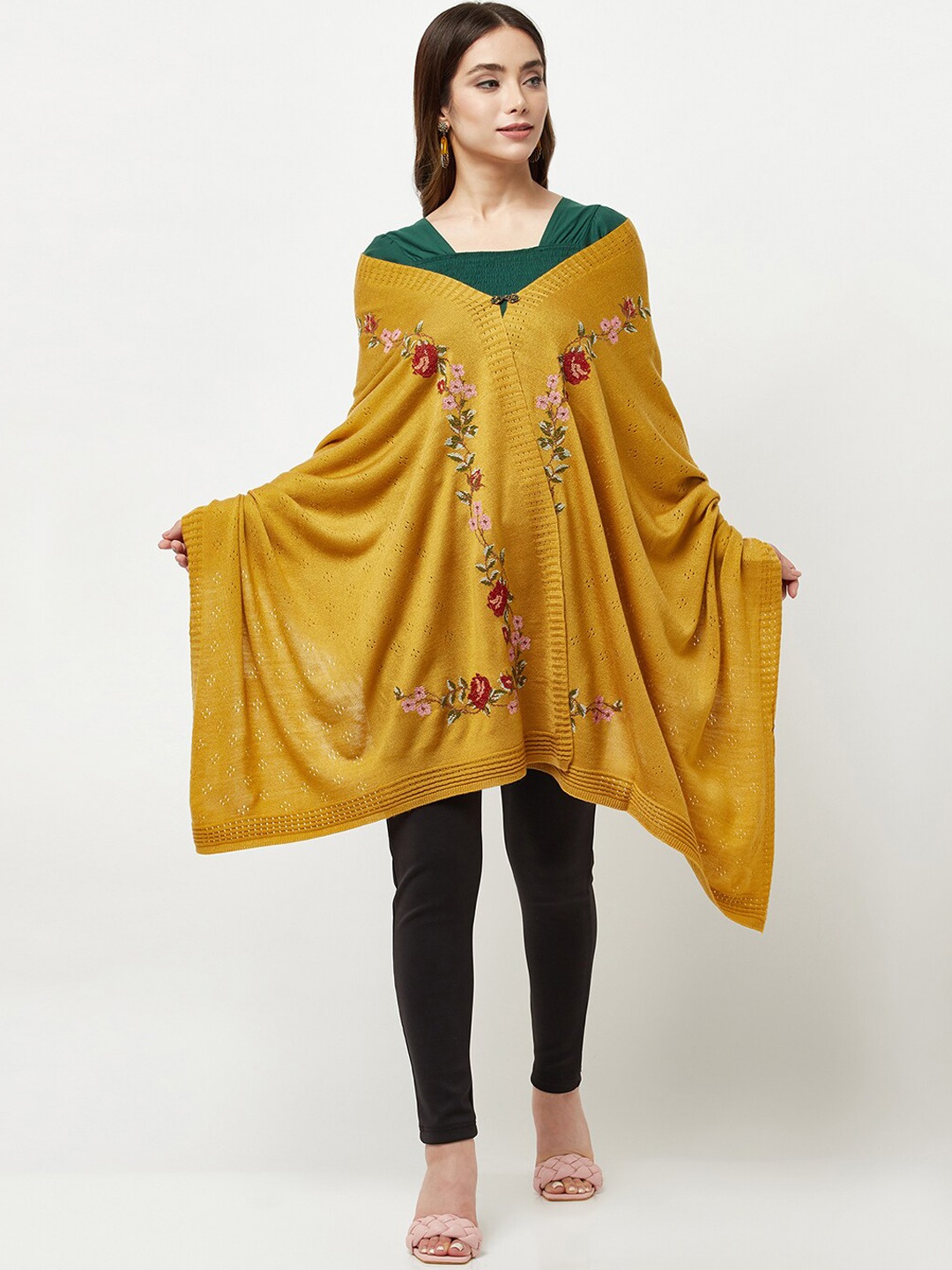 

Knitstudio Women Mustard Yellow Floral Knitted Shawl