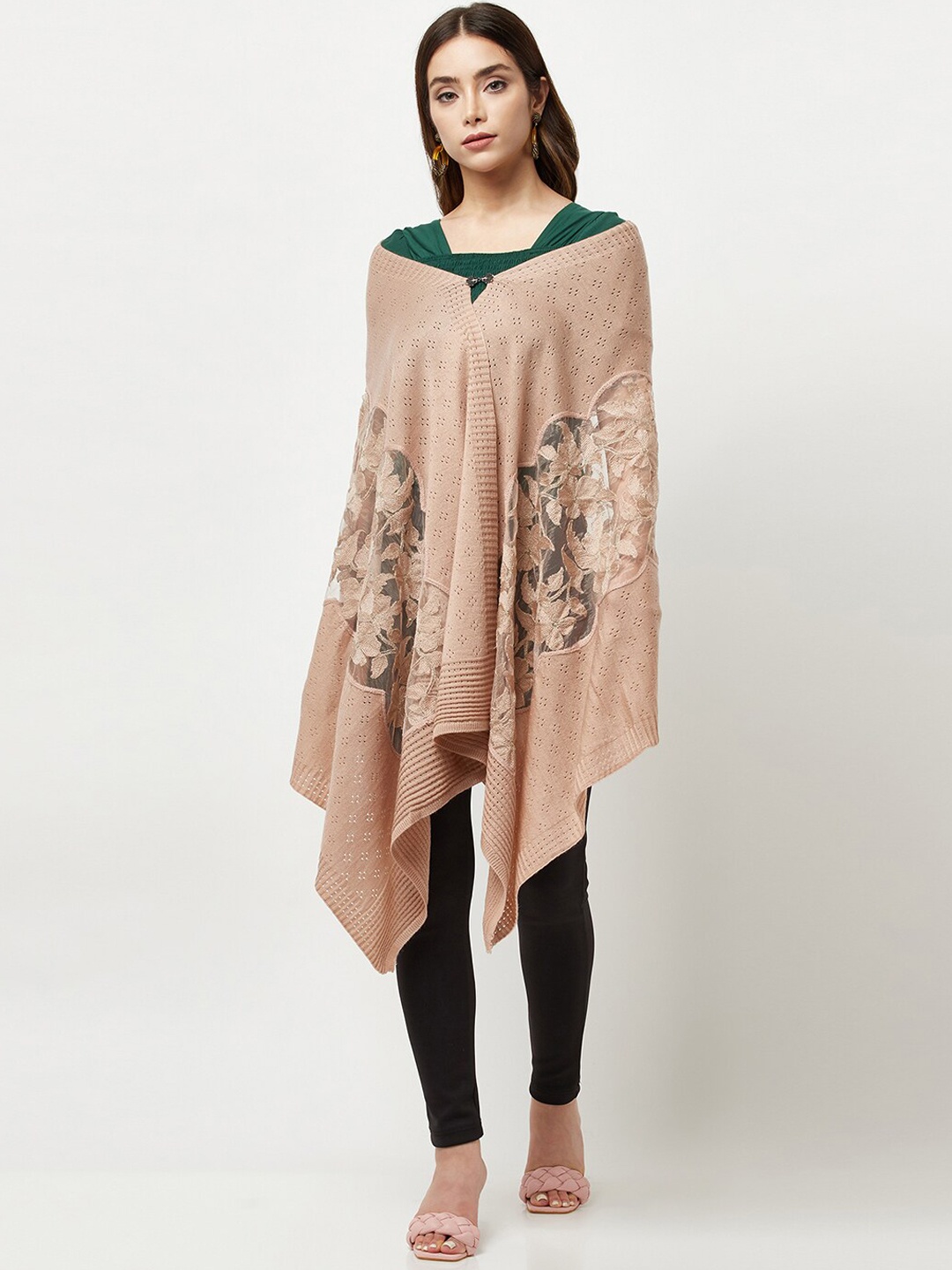 

Knitstudio Women Cream Coloured Floral Knitted Shawl