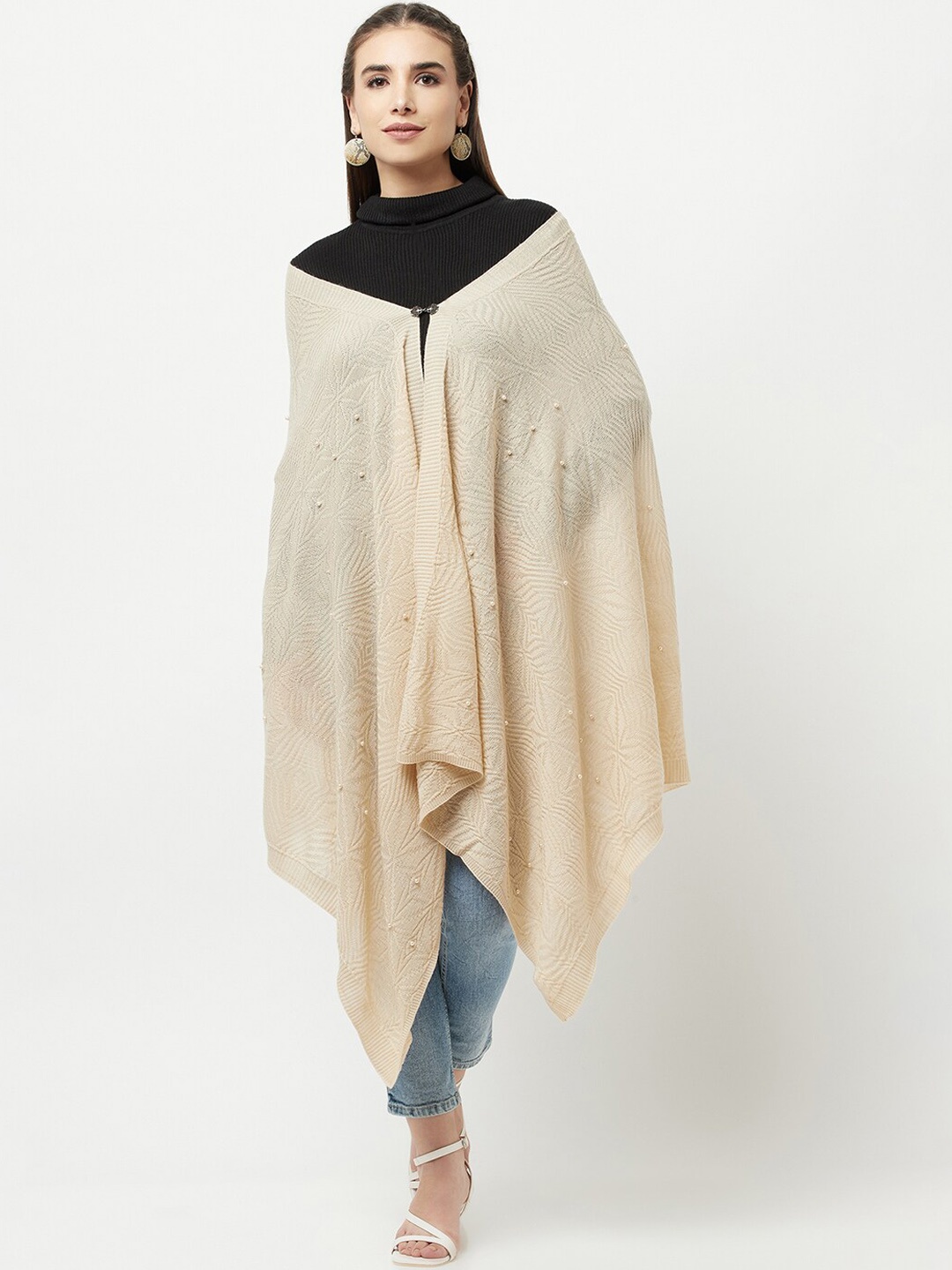 

Knitstudio Women Cream Coloured Geometric Knitted Shawl