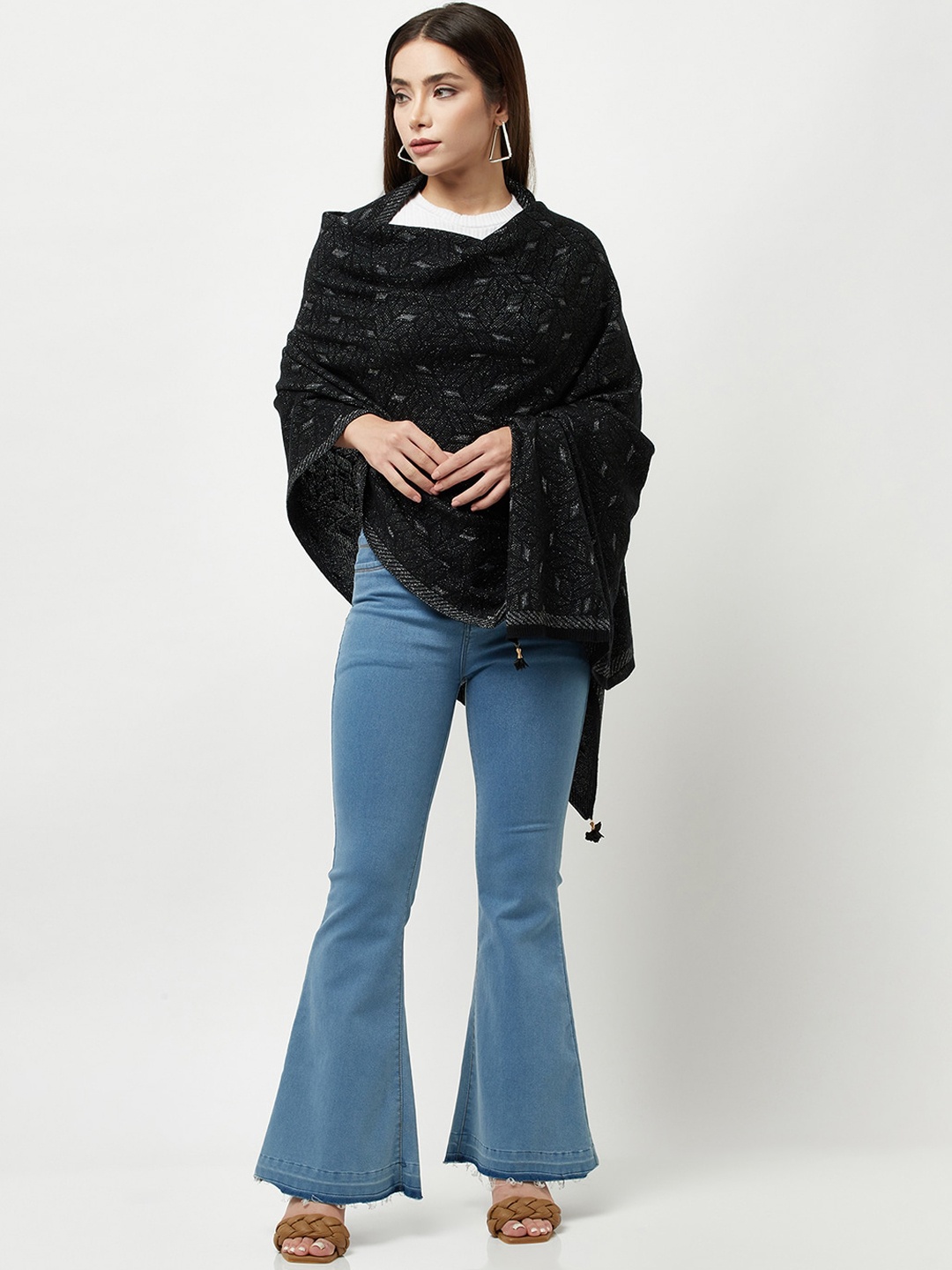 

Knitstudio Women Black Floral Knitted Shawl