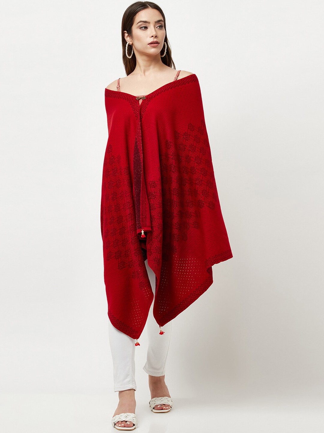 

Knitstudio Women Red Geometric Knitted Shawl