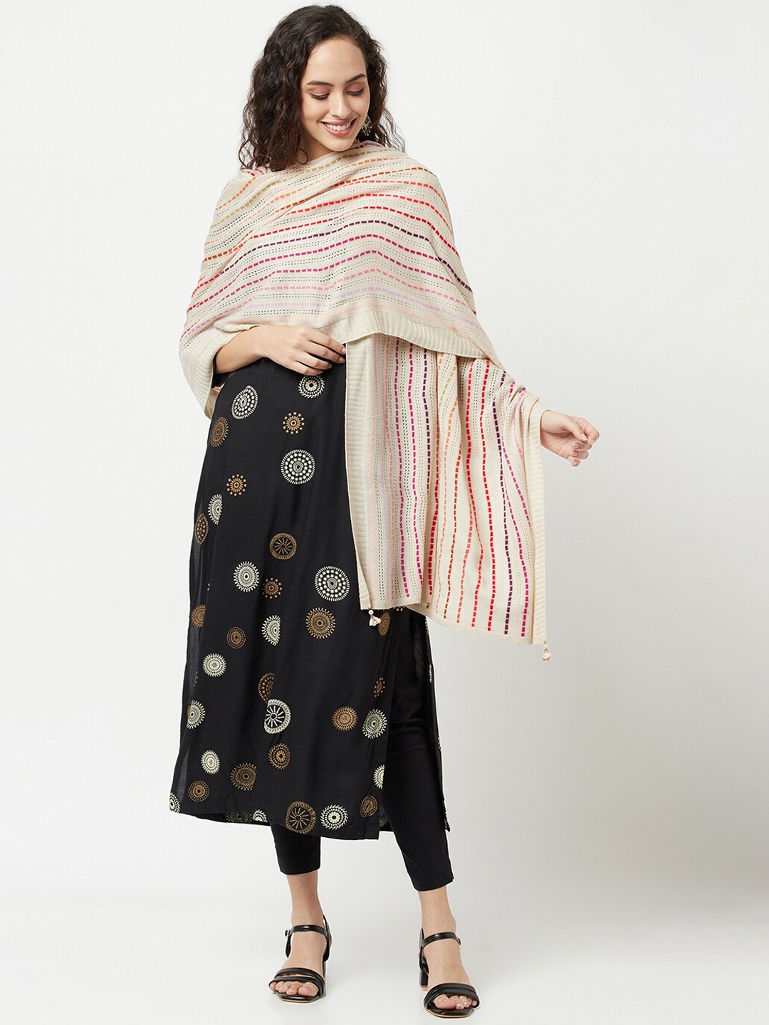 

Knitstudio Women Cream Striped Knitted Shawl