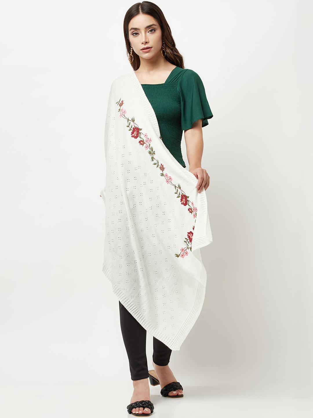 

Knitstudio Women Off White Floral Knitted Shawl