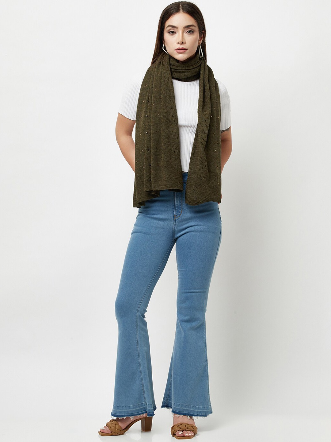 

Knitstudio Women Olive Green Solid Knitted Shawl