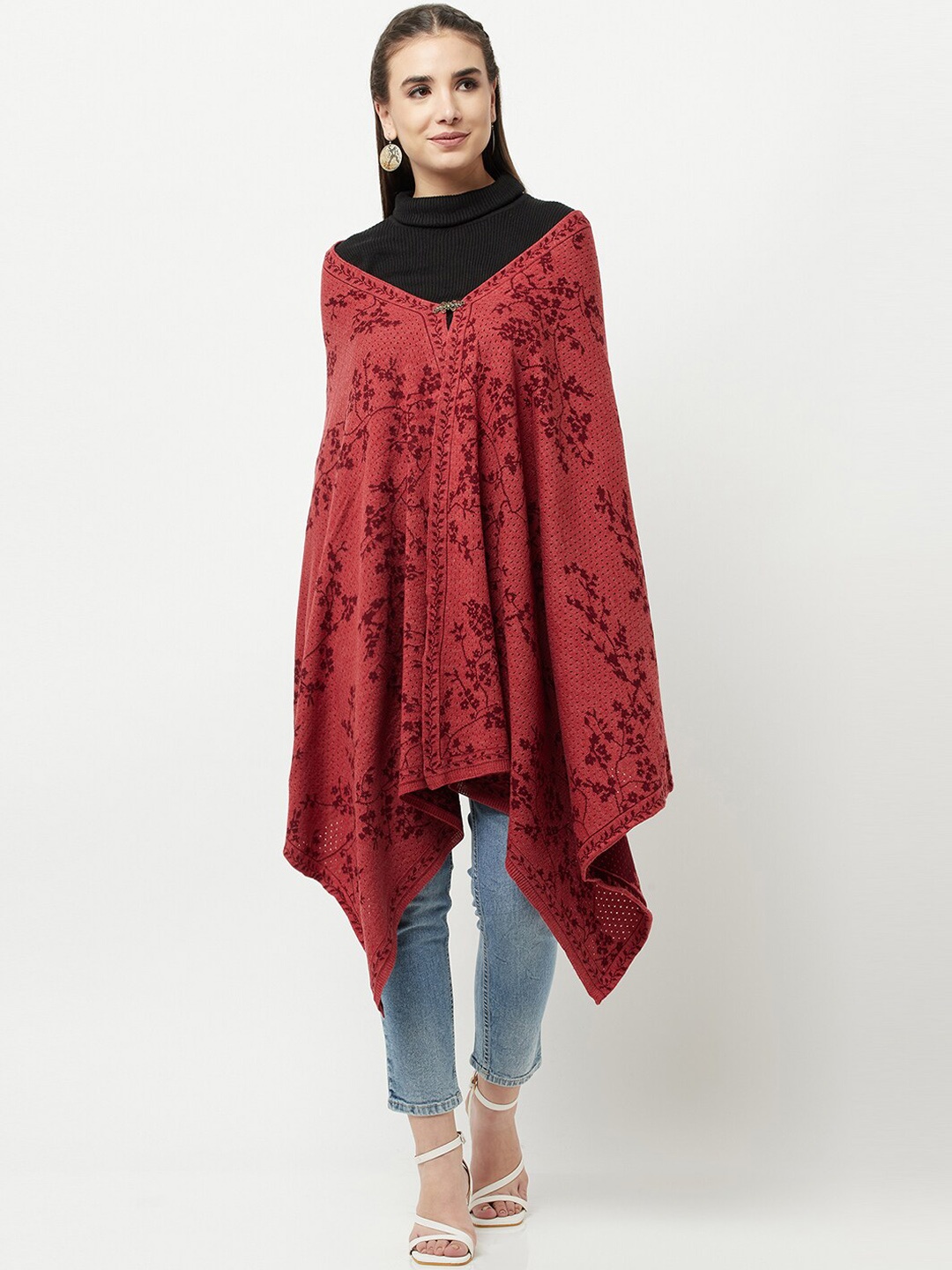 

Knitstudio Women Red Floral Printed Knitted Shawl