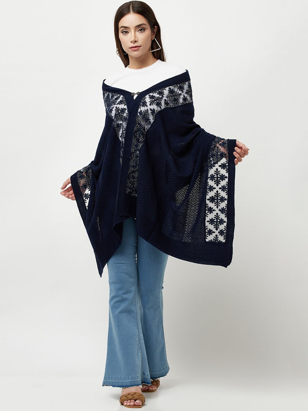 

Knitstudio Women Navy Blue Floral Patchwork Knitted Shawl