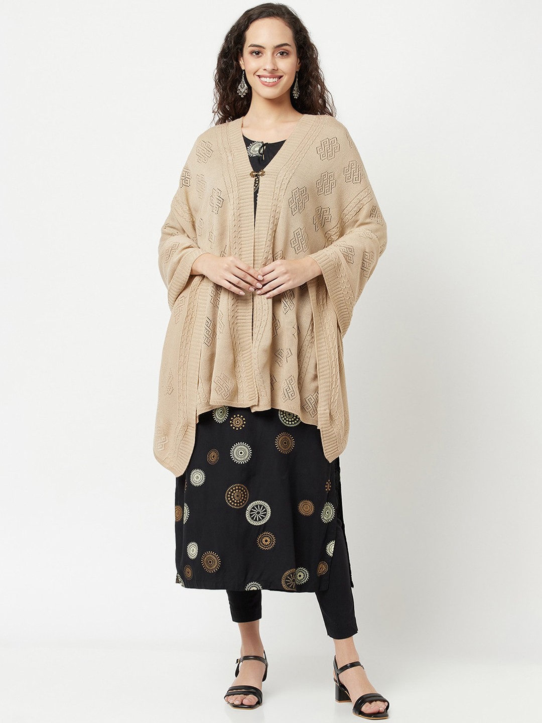 

Knitstudio Women Cream Coloured Solid Knitted Shawl