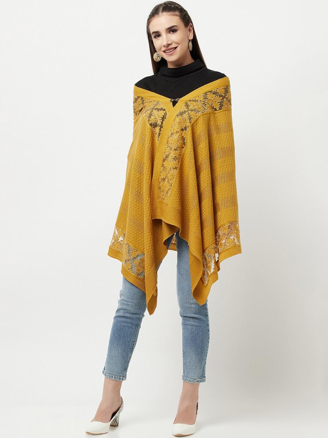 

Knitstudio Women Mustard Yellow Floral Embroidered Knitted Shawl