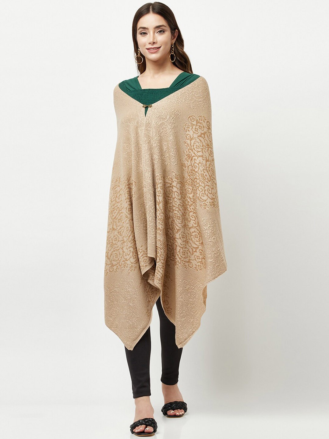 

Knitstudio Women Cream Coloured Floral Knitted Shawl